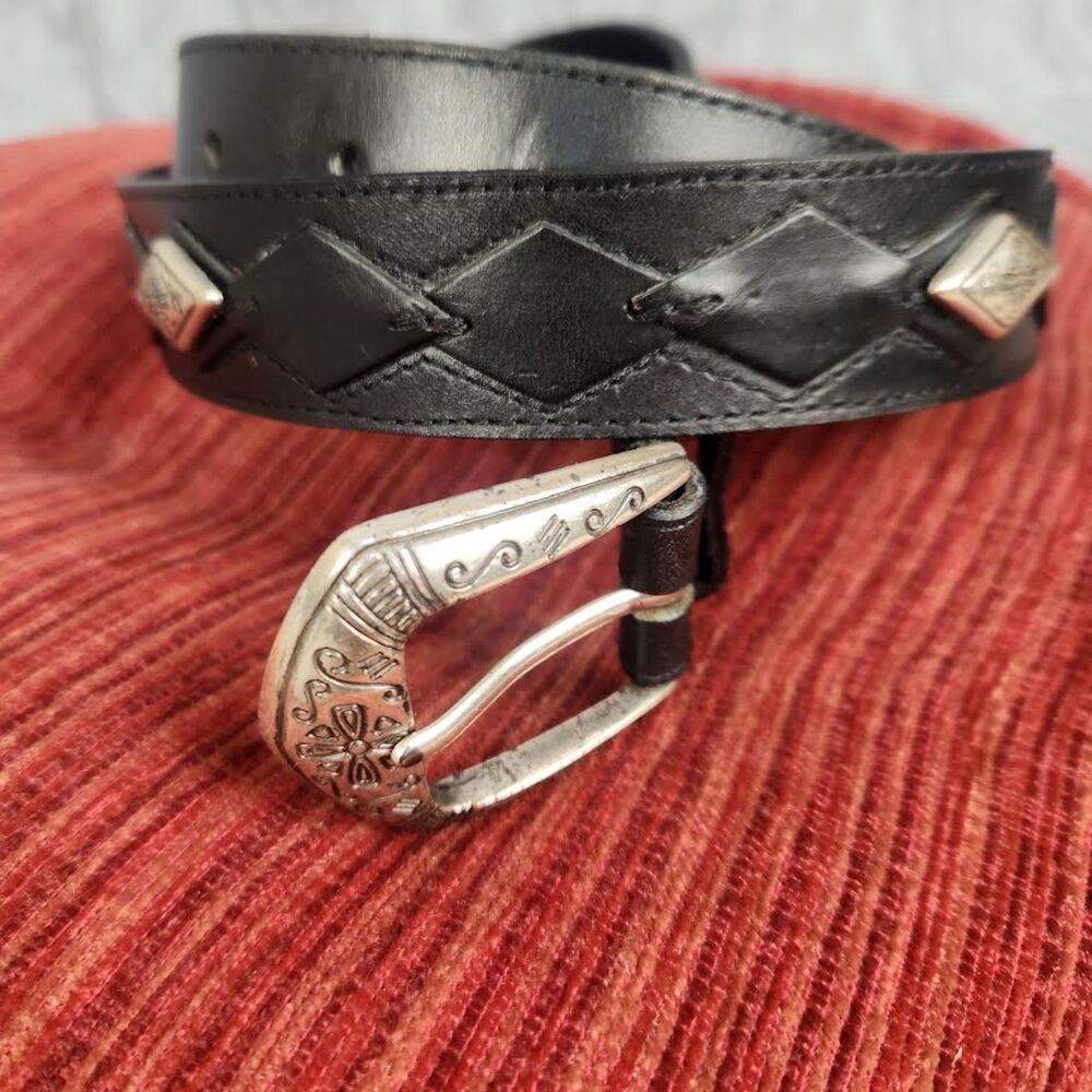 Vintage Fossil Black Western Leather Silver Stainless-Steel Belt Size 32 M Y2K